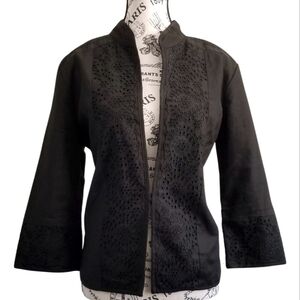 Anne Carson Black Linen Eyelets 3/4 Sleeves Jacket Mandarin Collar Size Large